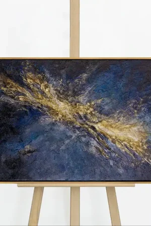 „Silberne Tiefe" – Kosmisches Querformat Gemälde handgemalt mit Rahmen, 50x70 cm