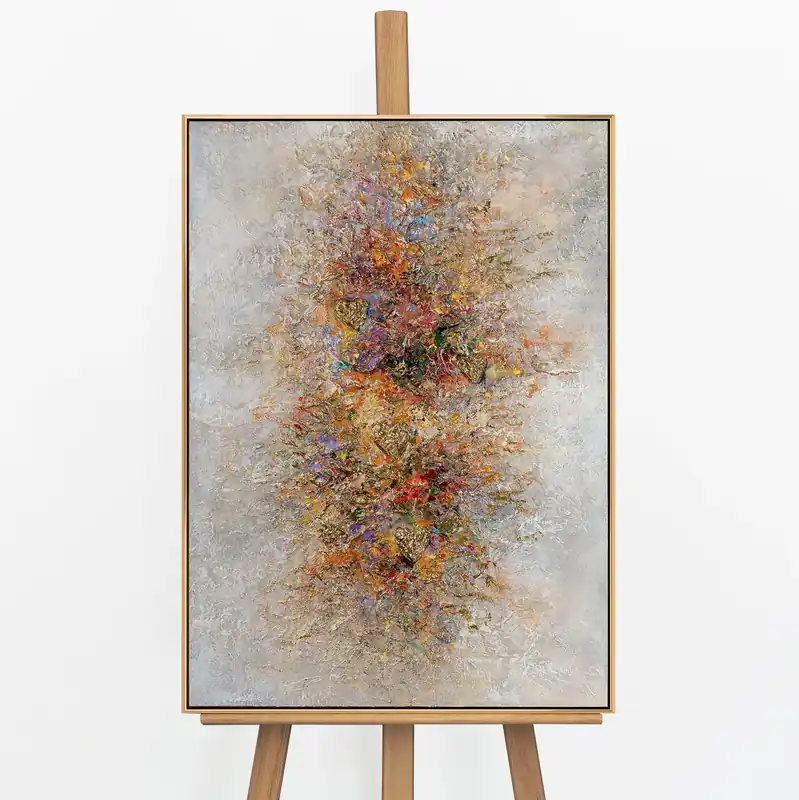 „Goldene Explosion" – Abstraktes Energiebild handgemalt mit Rahmen, 50x70 cm