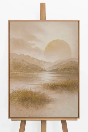 „Warmer Horizont" – Goldenes Seengemälde handgemalt mit Rahmen, 50x70 cm