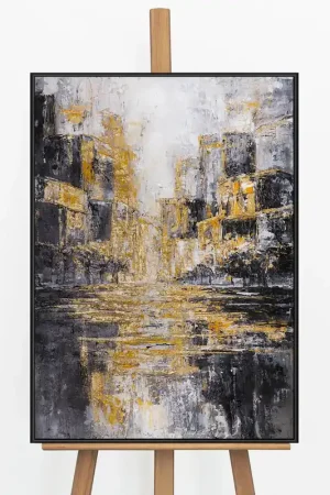 „Nächtliche Stadt" – Abstraktes Stadtgemälde handgemalt mit Rahmen, 50x70 cm
