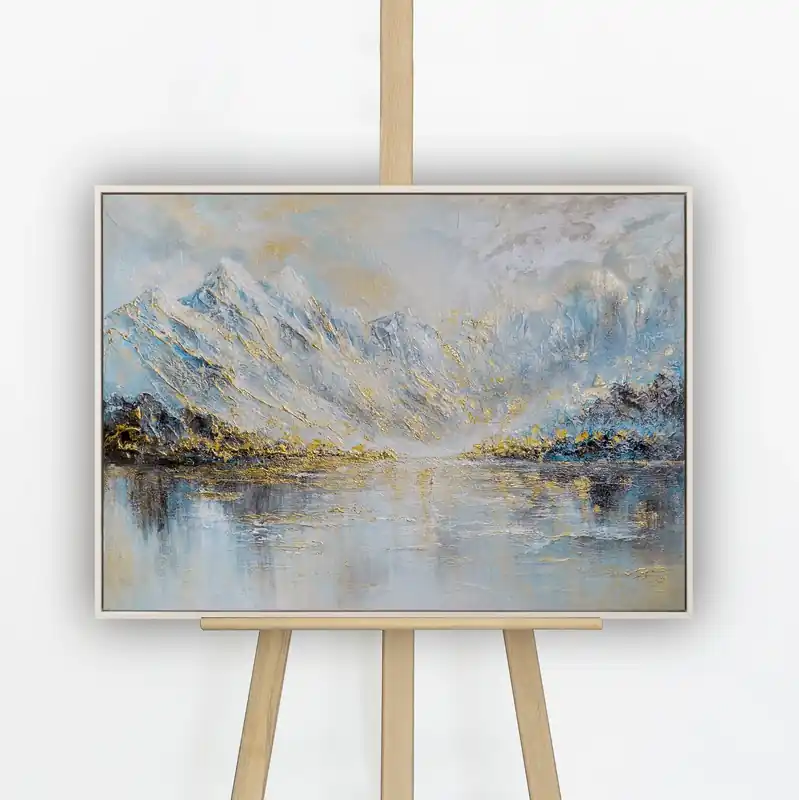„Bergspiegelung" – Handgemaltes Bergbild mit Rahmen, 50x70 cm