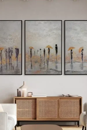 „Sommerregen“ – Handgemalte Triptychon Bilder mit elegantem schwarzem Rahmen