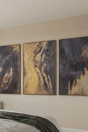 „Spiegelungen III“ – Handgemaltes Triptychon Modern mit schwarz-goldenem Rahmen