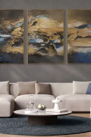 „Elegante Abstraktion“ – Handgemaltes Triptychon Abstrakt mit goldenem Rahmen