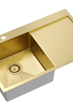 Aquadesign Clara Spoelbak Goud 78x48cm Opbouw of Vlakinbouw met Afdruiprek, Kraangatbank en Gouden Plug - 1208969499